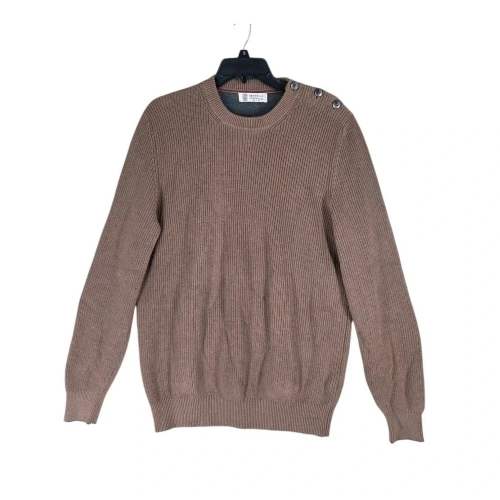 Brunello Cucinelli Ribbed Knit Sweater Mens IT 54 US 44 XL Brown Crested Buttons